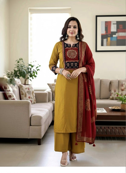 Mustard Arjakh Cotton Kurti Pant Dupatta Set – Thread & Lace