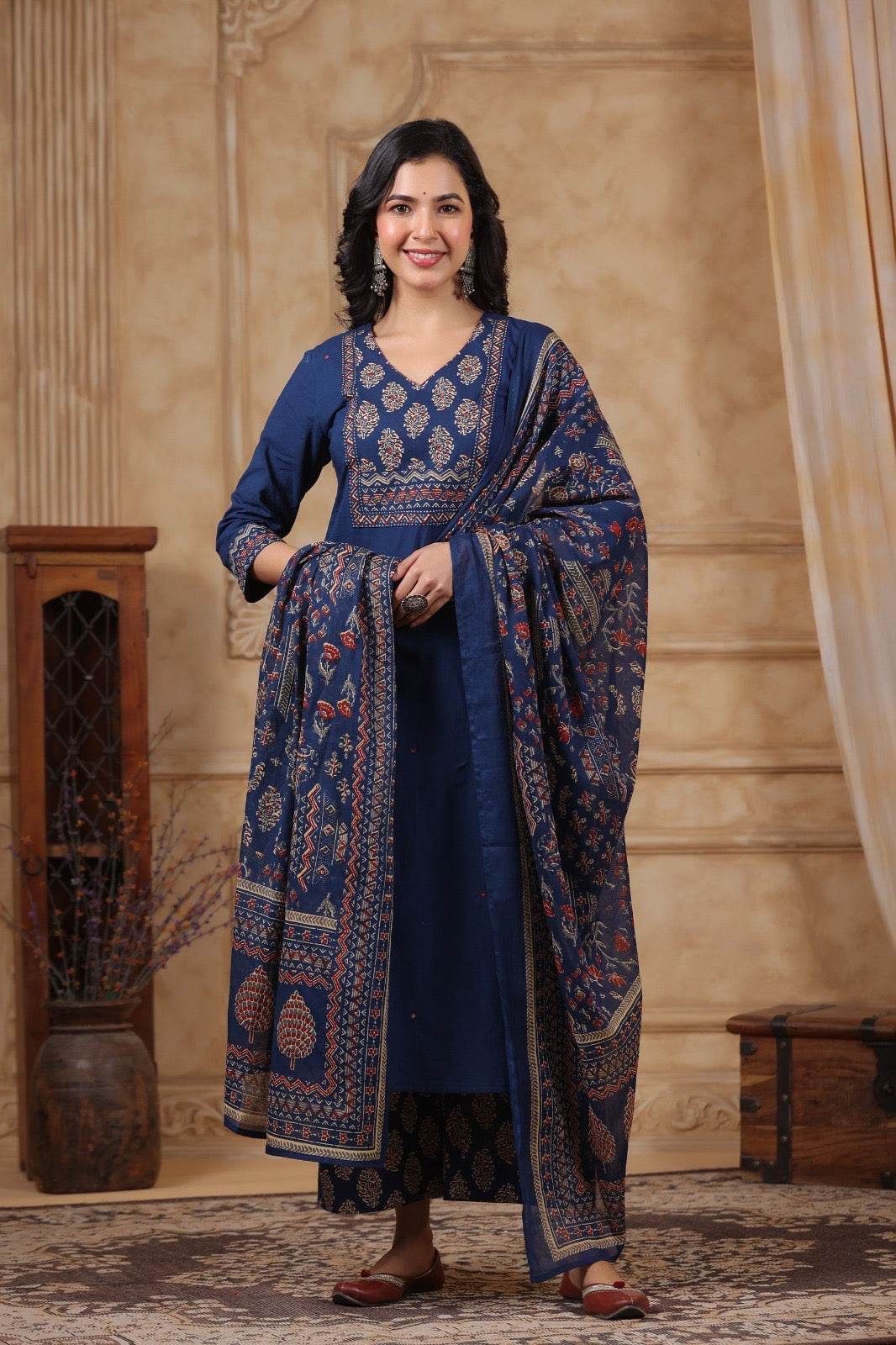 Ajrakh Printed Cotton Suit For Women - Vijay Laxmi