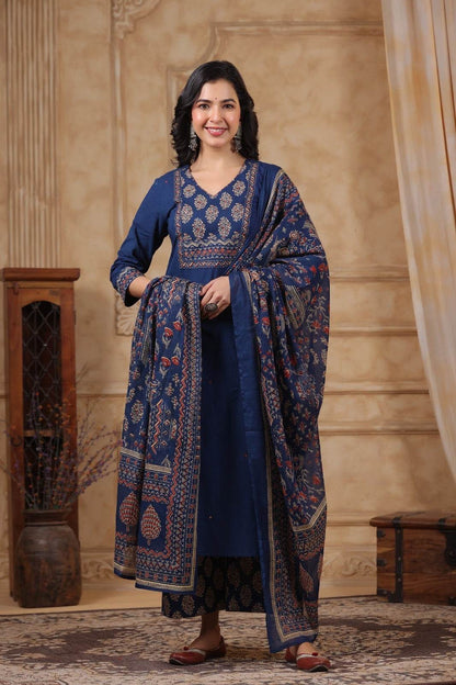 Ajrakh Printed Cotton Suit For Women - Vijay Laxmi