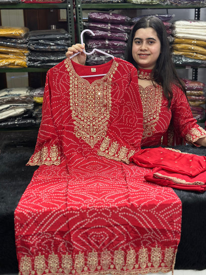 Maharani Handcrafted Bandhej  Embroidery Suit Set Red