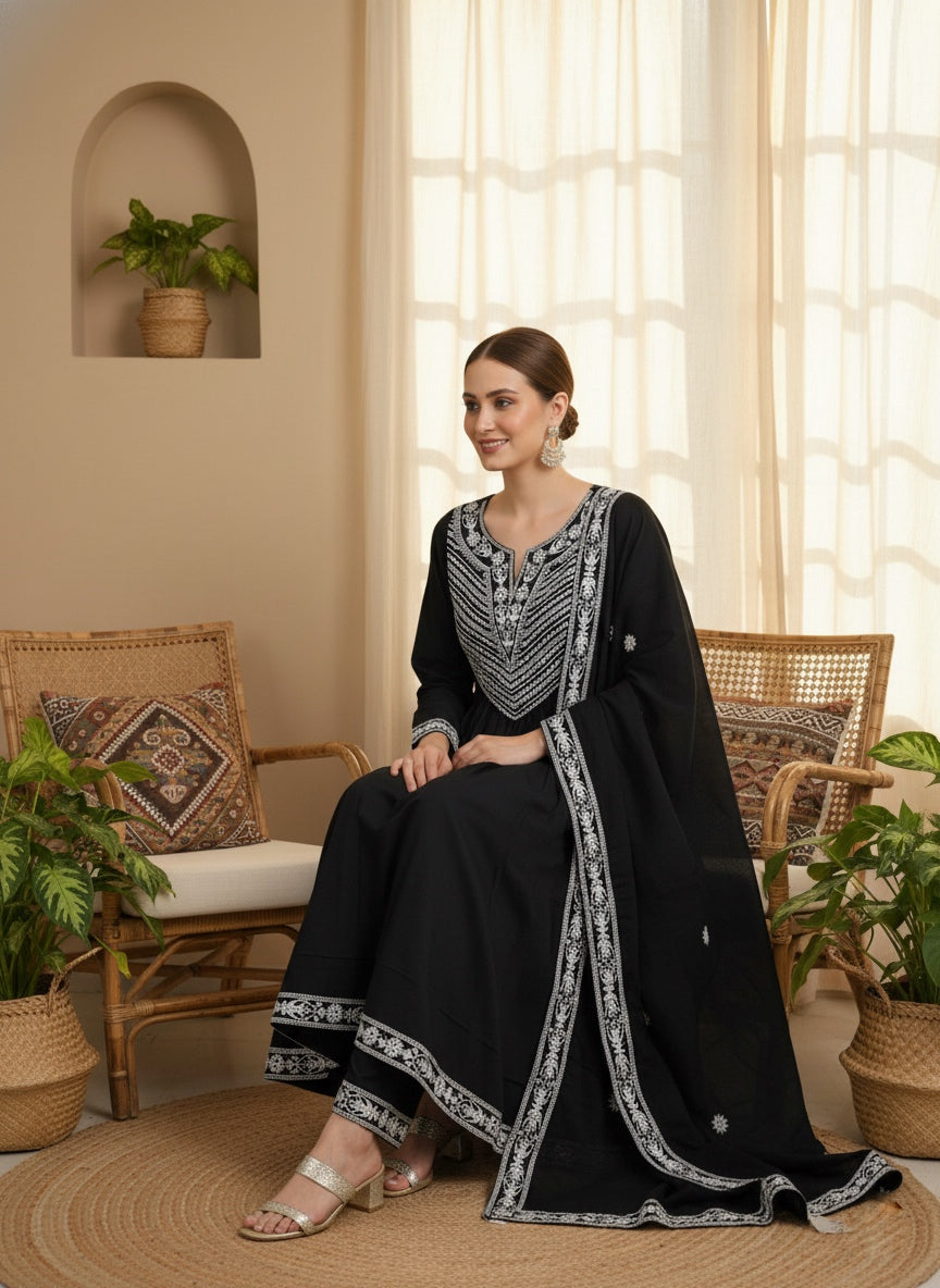 Premium Cotton Designer Thread Embroidered Anarkali Suit Set