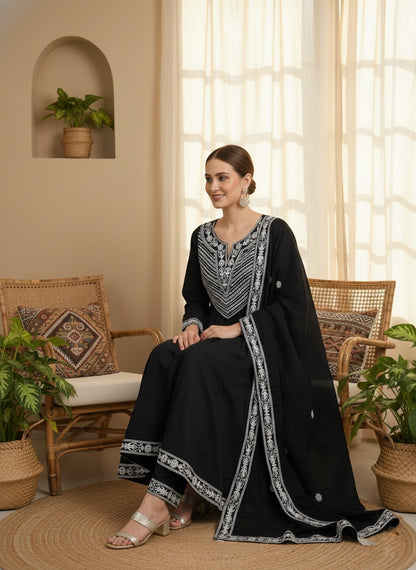 Premium Cotton Designer Thread Embroidered Anarkali Suit Set