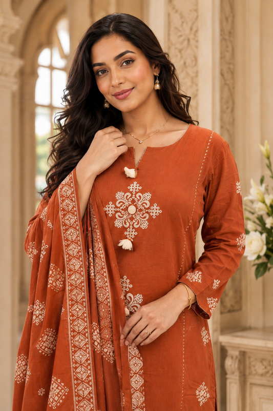 Noor thread work cotton kurta set with pants & dupatta