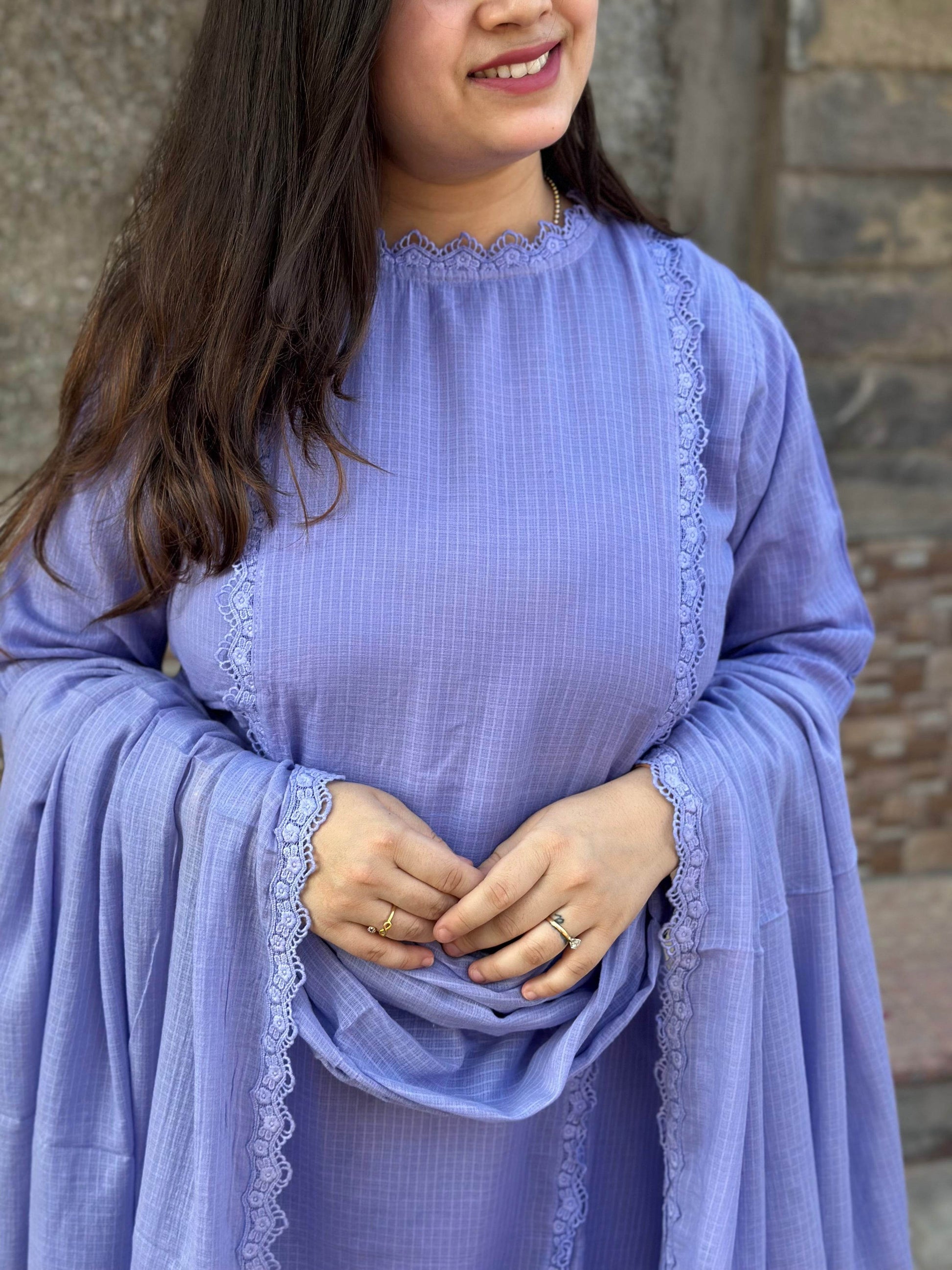 Lavender queen Kota Cotton kurta Set with pants and dupatta - Vijay Laxmi