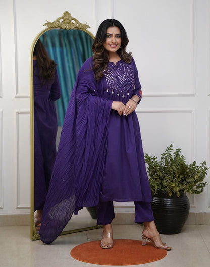 Deep Purple Cotton Kurti Pant Dupatta Set – Threadwork & Mirror Work