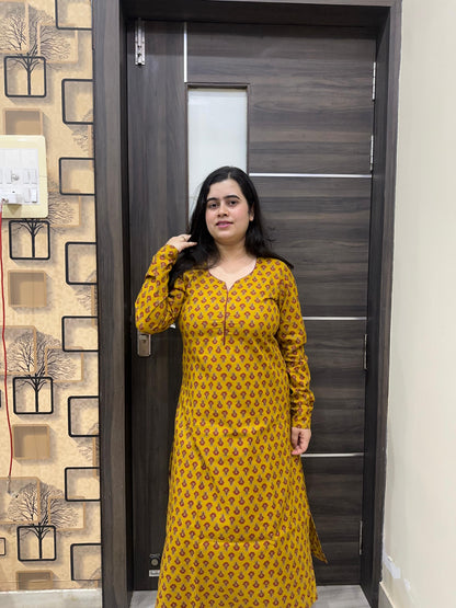 Madhubani pure cotton kurti for women mustard