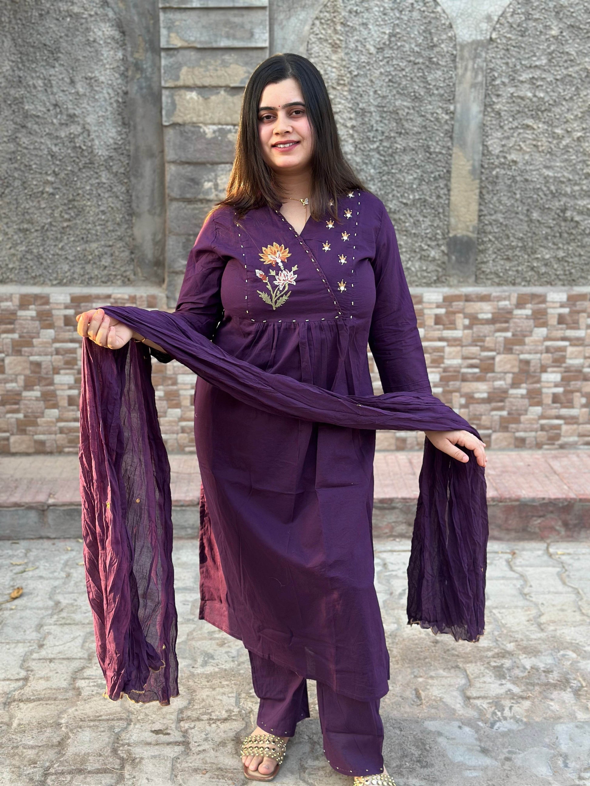 Cotton kurta set for women with dupatta Purple - Vijay Laxmi