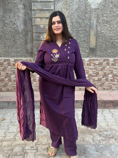 Cotton kurta set for women with dupatta Purple - Vijay Laxmi