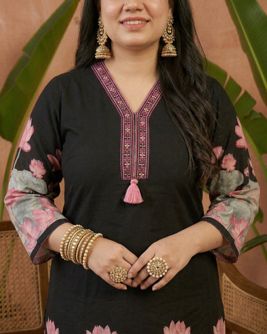 Airy Cotton Floral kurti for women- Black