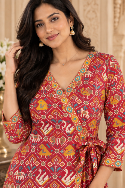 Ada pure cotton patola print kurti for women red