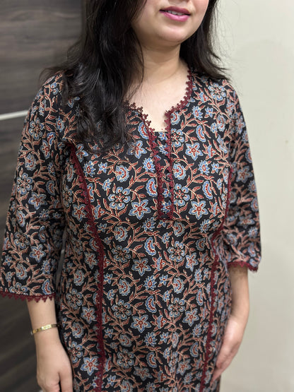 Madhubani pure cotton kurti for women black