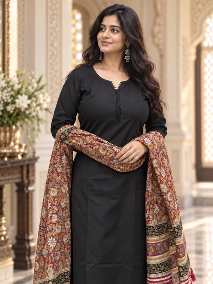 Madhubani Cotton Kurta Set for Women Black