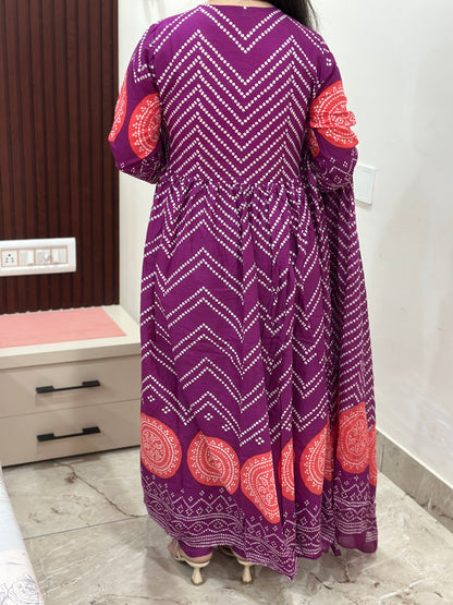 Gulzar Bandhani Anarkali Cotton kurta Set with dupatta purple