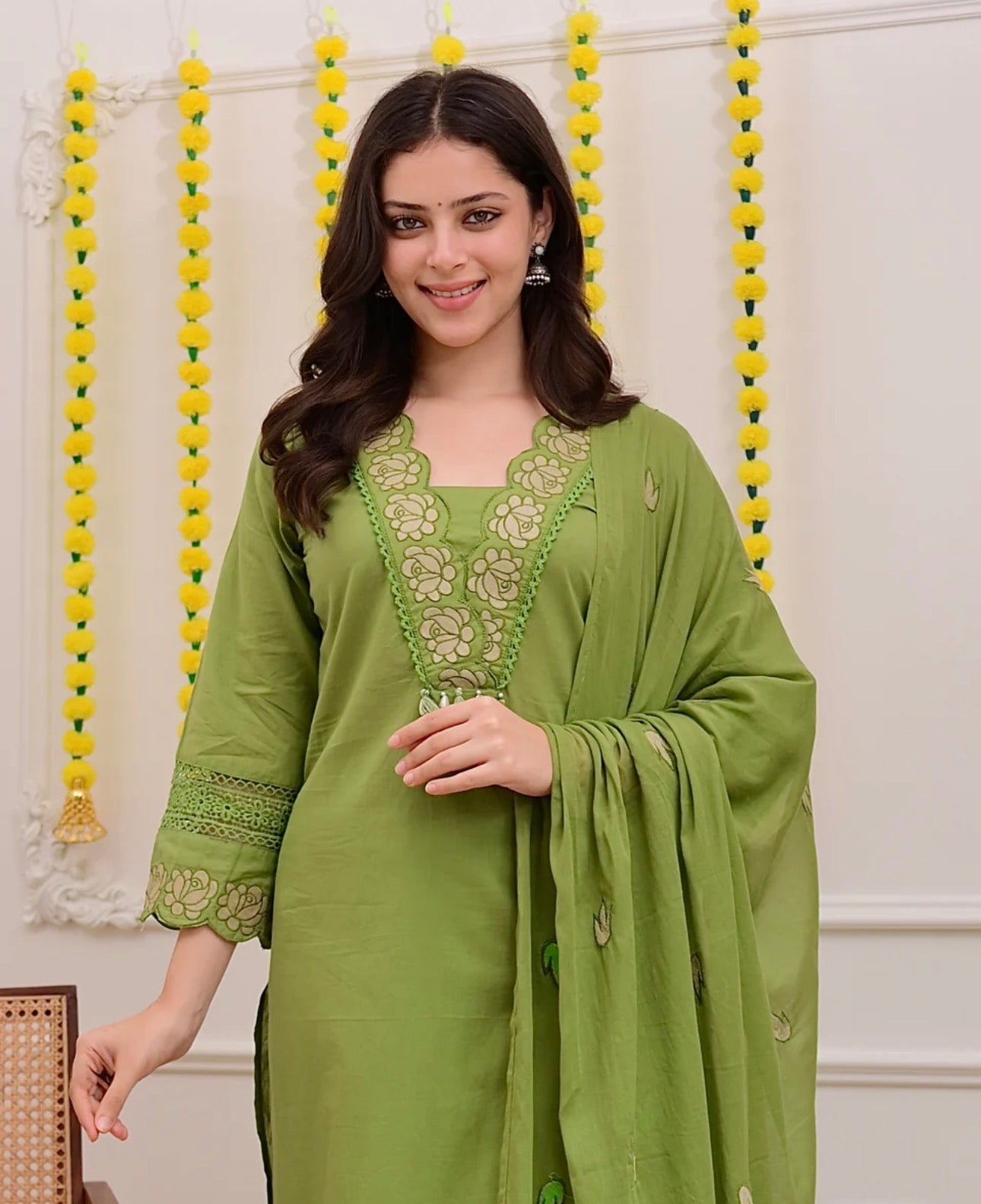 Gaurangi Embroidered Cotton Kurti Pant Dupatta Set – Thread & Lace Green