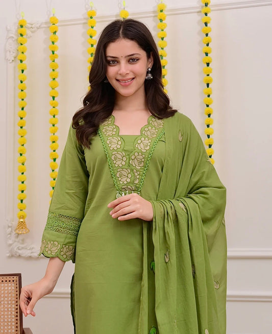 Gaurangi Embroidered Cotton Kurti Pant Dupatta Set – Thread & Lace Green