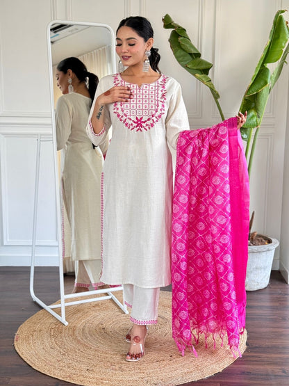 Off White Embroidered Cotton Flex Suit Set with Cotton Silk Dupatta