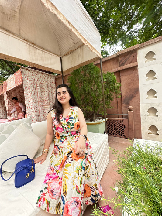 Floral Cotton Jacket Top & Maxi Skirt Set With Lining- Summer Floral Two-Piece