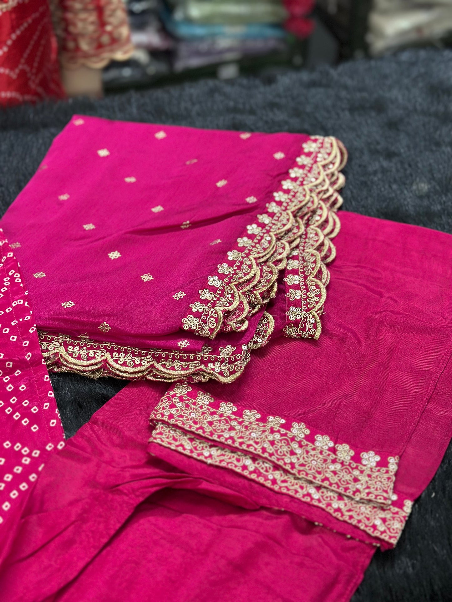 Maharani Handcrafted Bandhej  Embroidery Suit Set Pink