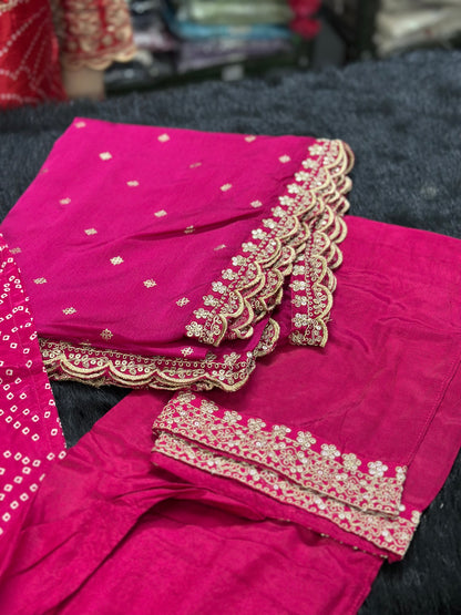 Maharani Handcrafted Bandhej  Embroidery Suit Set Pink