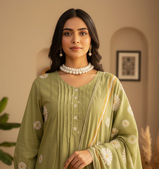 Phulaari Embroidered Cotton Kurti Pant Dupatta Set – Thread & Lace