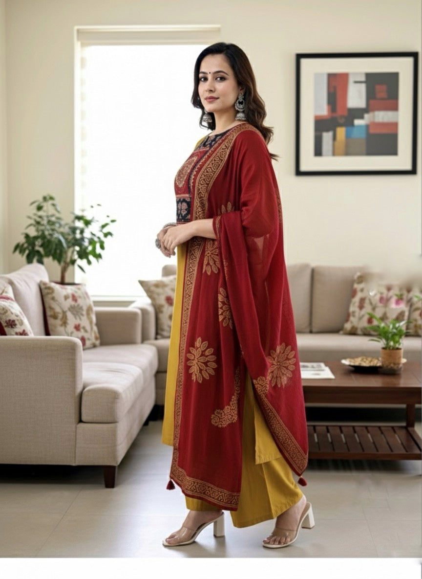 Mustard Arjakh Cotton Kurti Pant Dupatta Set – Thread & Lace