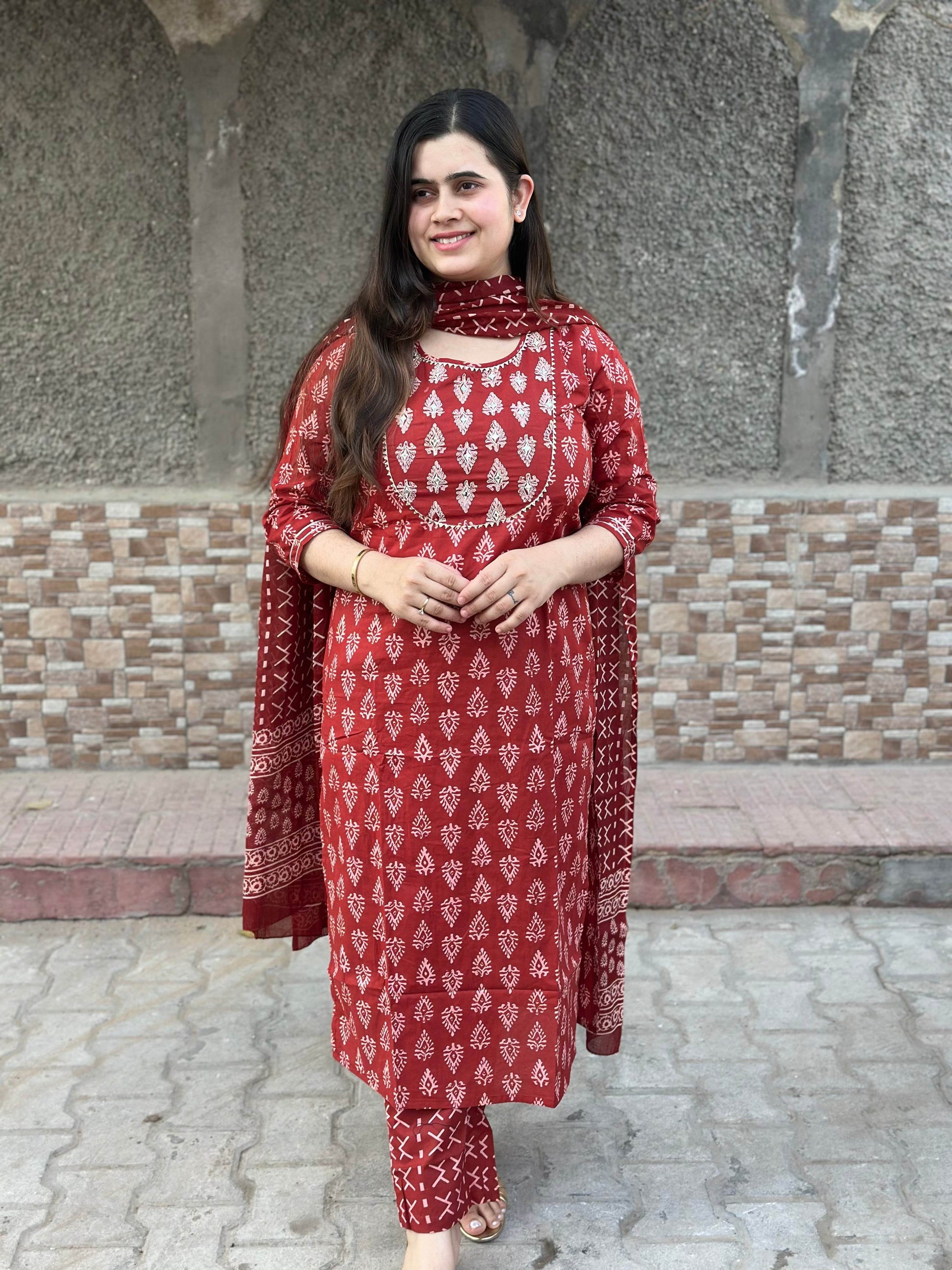Red Bagru Cotton Suit - Vijay Laxmi