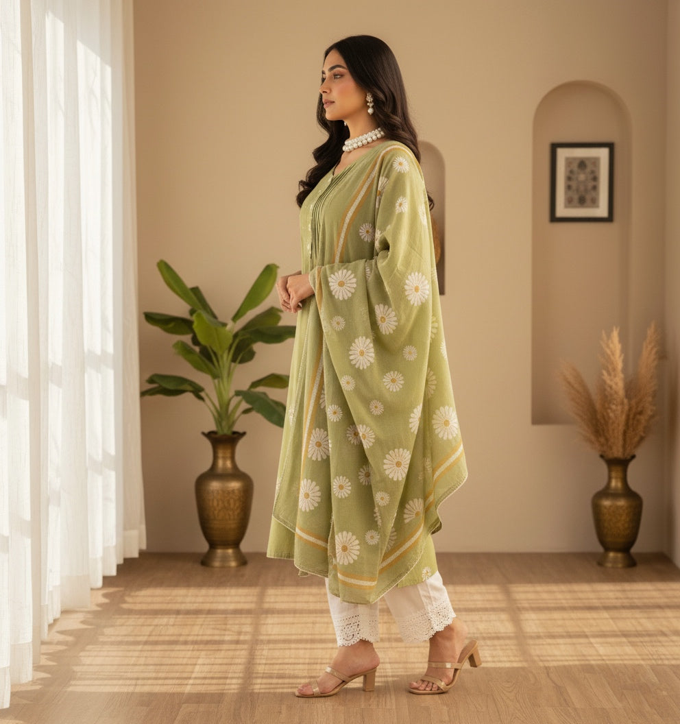 Phulaari Embroidered Cotton Kurti Pant Dupatta Set – Thread & Lace