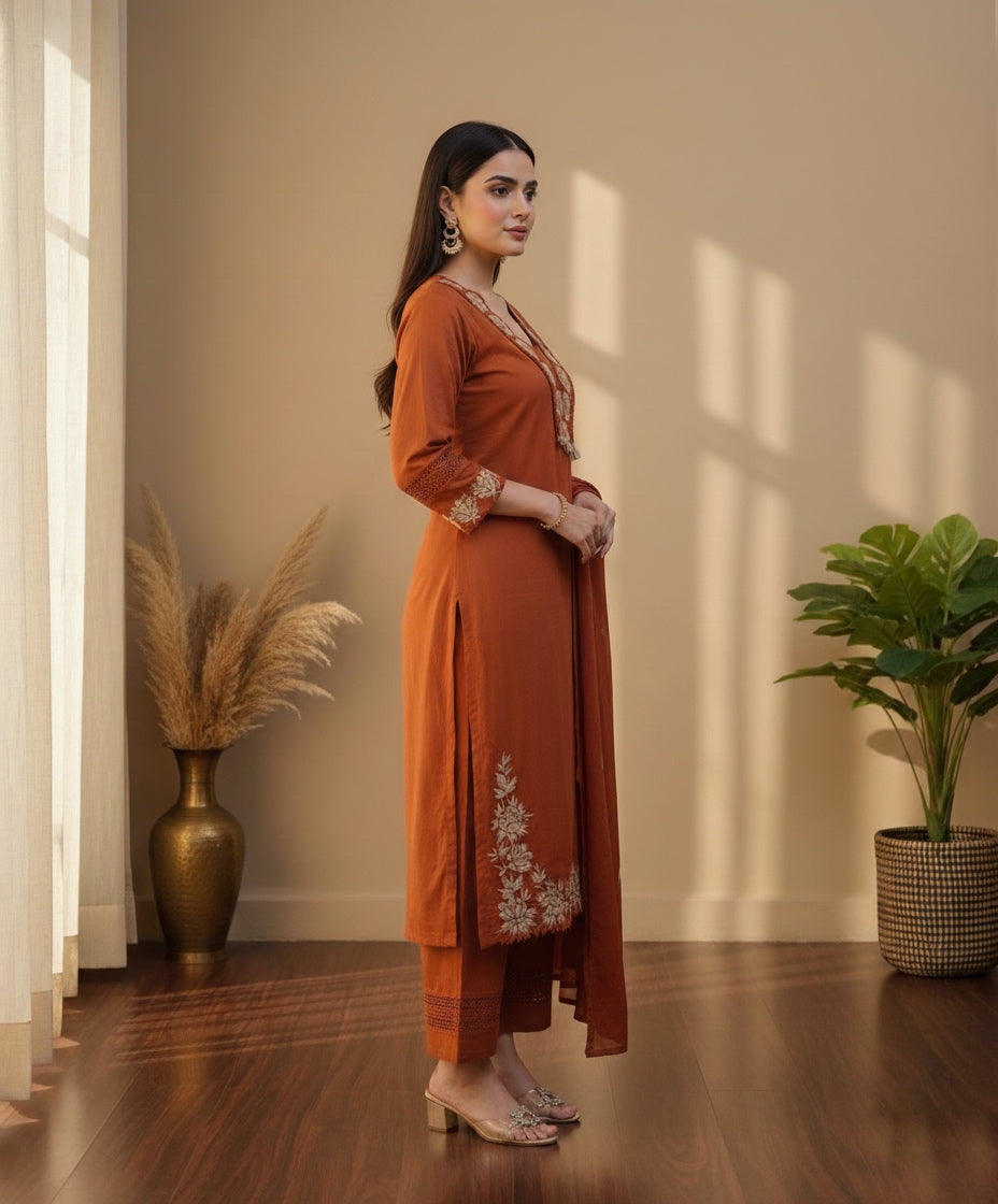 Gaurangi Embroidered Cotton Kurti Pant Dupatta Set – Thread & Lace