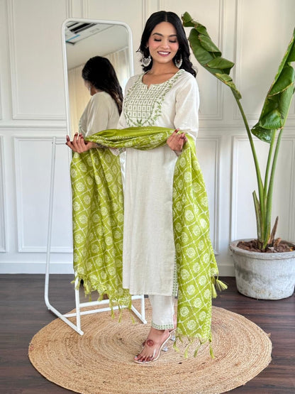 Off White Embroidered Cotton Flex Suit Set with Cotton Silk Dupatta