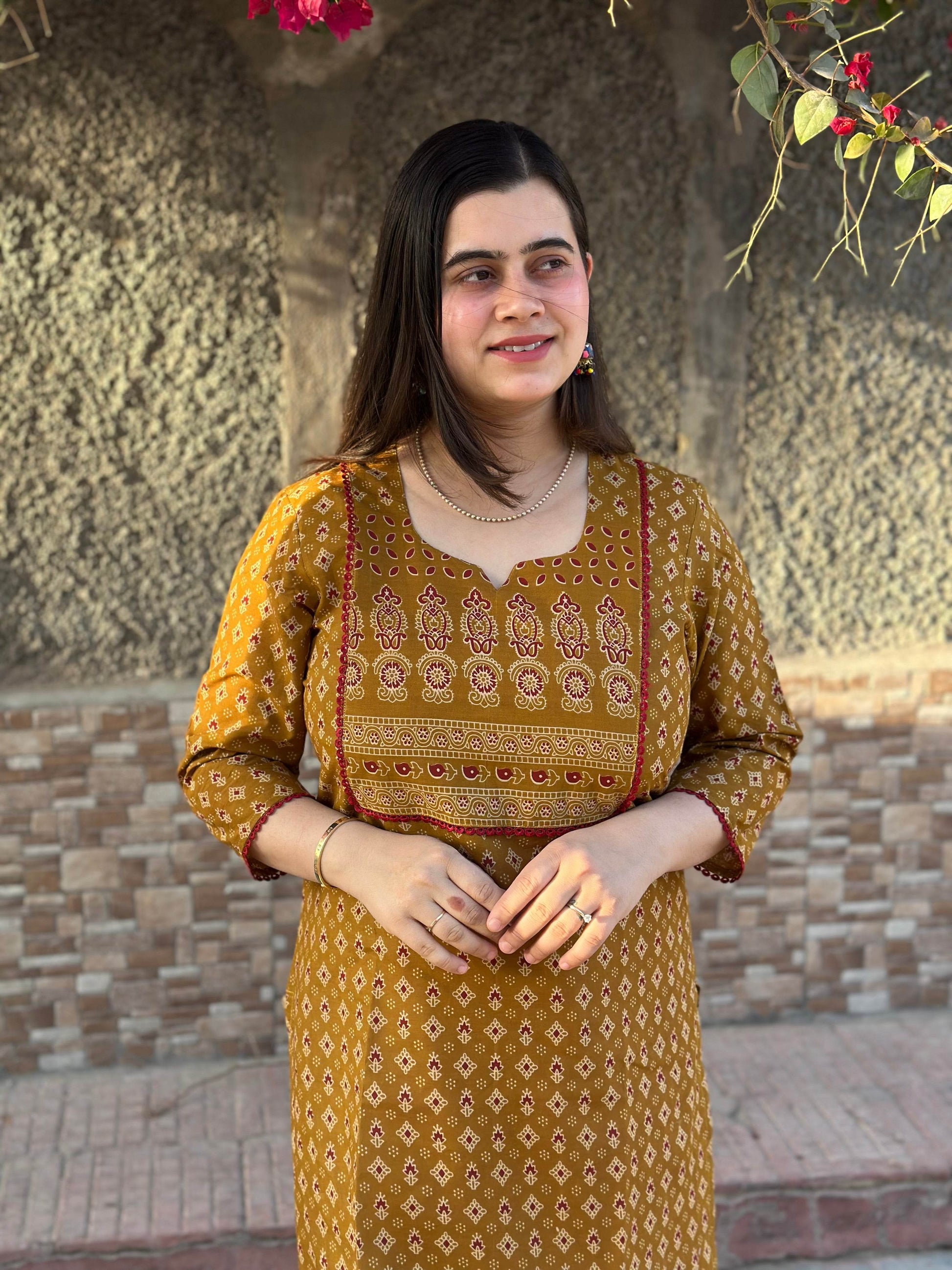 Airy Cotton Arjakh Kurti for women mustard - Vijay Laxmi