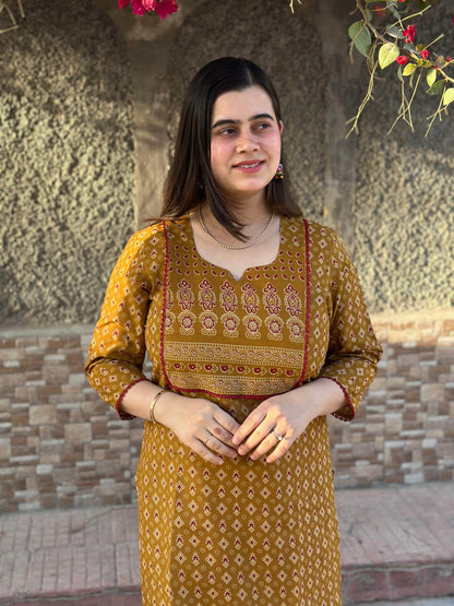 Airy Cotton Arjakh Kurti for women mustard - Vijay Laxmi