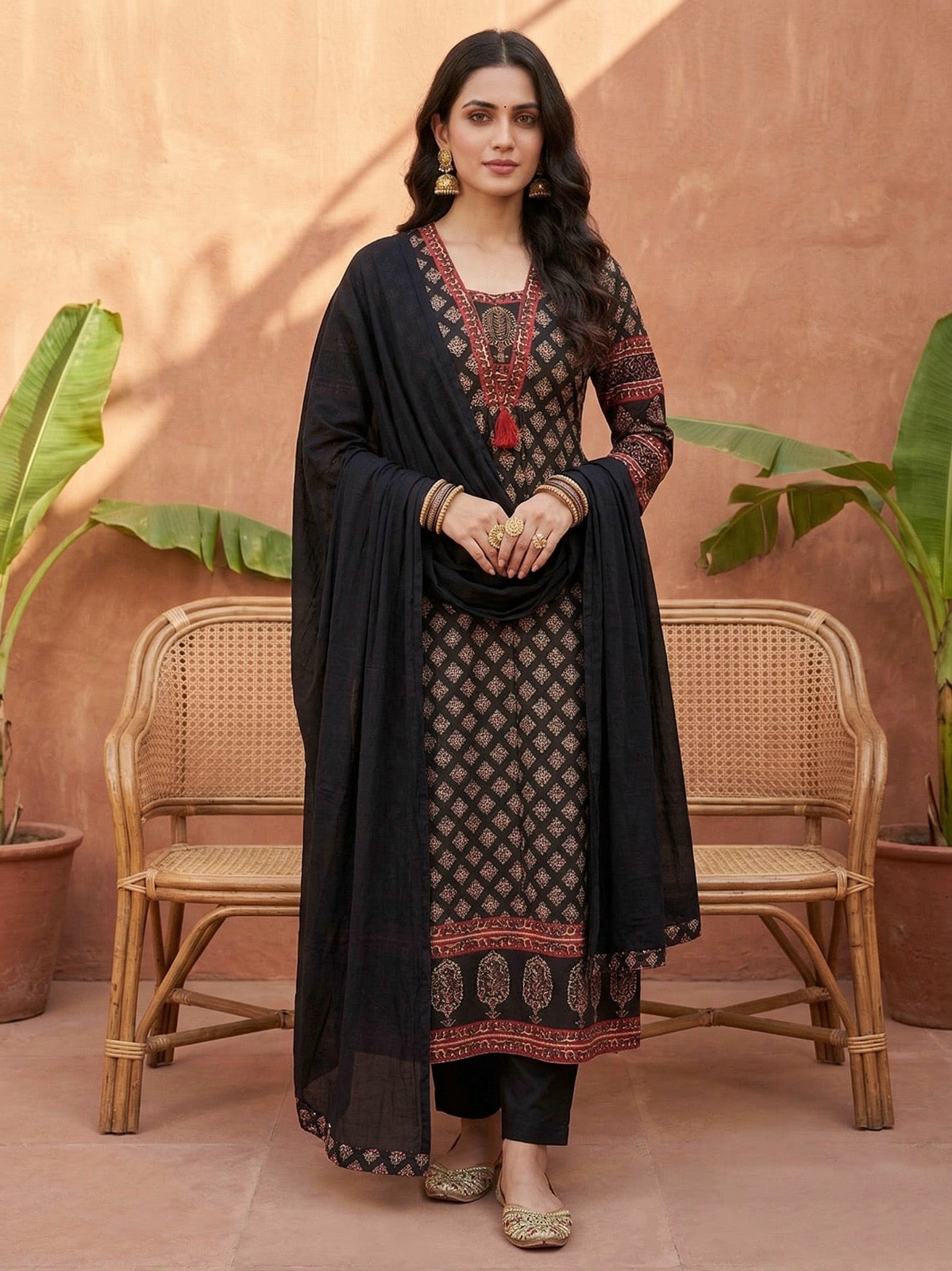 Aarohi Cotton Frock suit with dupatta & pants Black