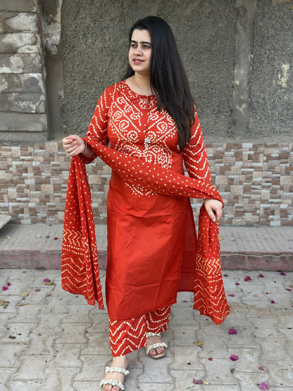 Amayra Cotton Kurta Embroidery Work Kurti Pant And Dupatta -Orange