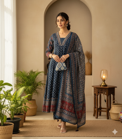 Mehar Anarkali Cotton Kurti Pant Dupatta Set – Thread & Lace Work (Only Pre-booking)