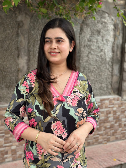 Premium Floral Black Cotton Kurti For Women