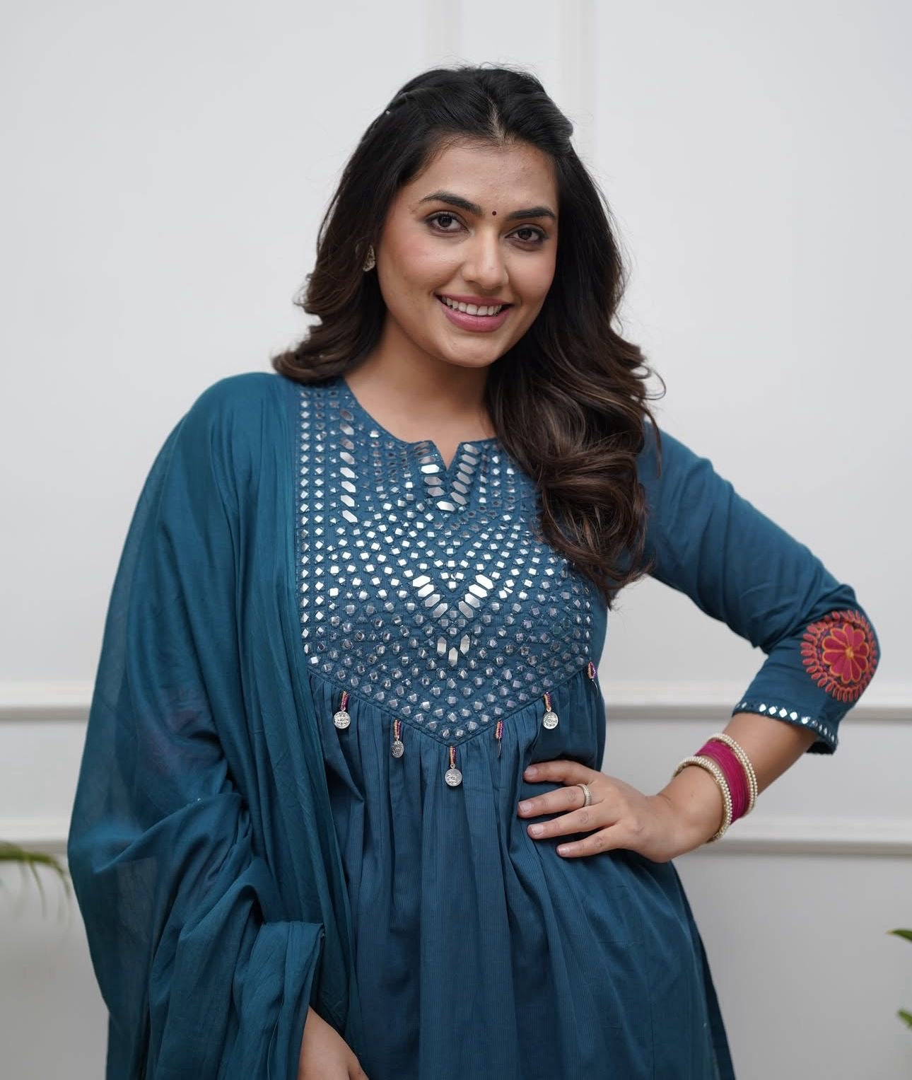 Teal Blue Cotton Kurti Pant Dupatta Set – Threadwork & Mirror Work