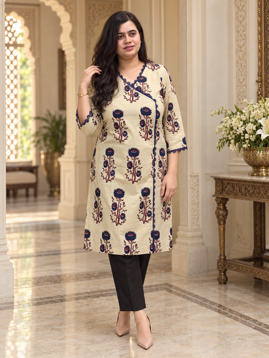 Madhubani pure cotton kurti for women cream
