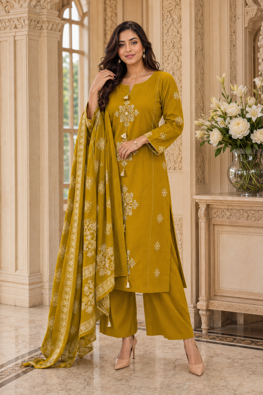 Noor thread work cotton kurta set with pants & dupatta