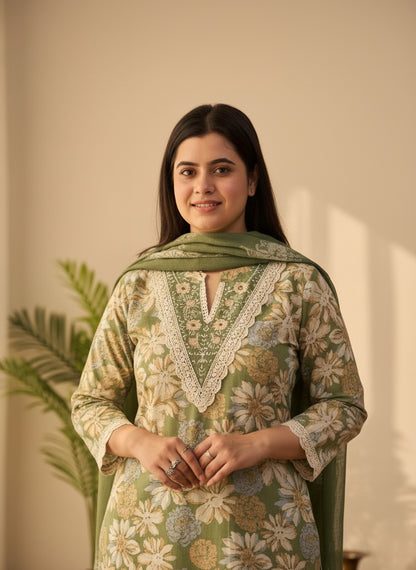 Luxury Floral Cotton Embroidery Suit Set