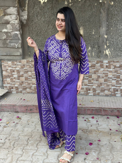 Amayra Cotton Kurta Embroidery Work Kurti Pant And Dupatta -purple