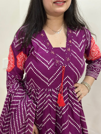 Gulzar Bandhani Anarkali Cotton kurta Set with dupatta purple