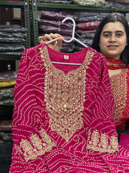 Maharani Handcrafted Bandhej  Embroidery Suit Set Pink