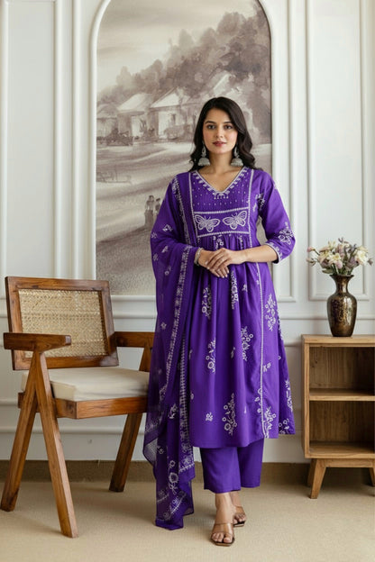 Floral Cotton Kurti Pant Dupatta Set – Thread & Lace Purple