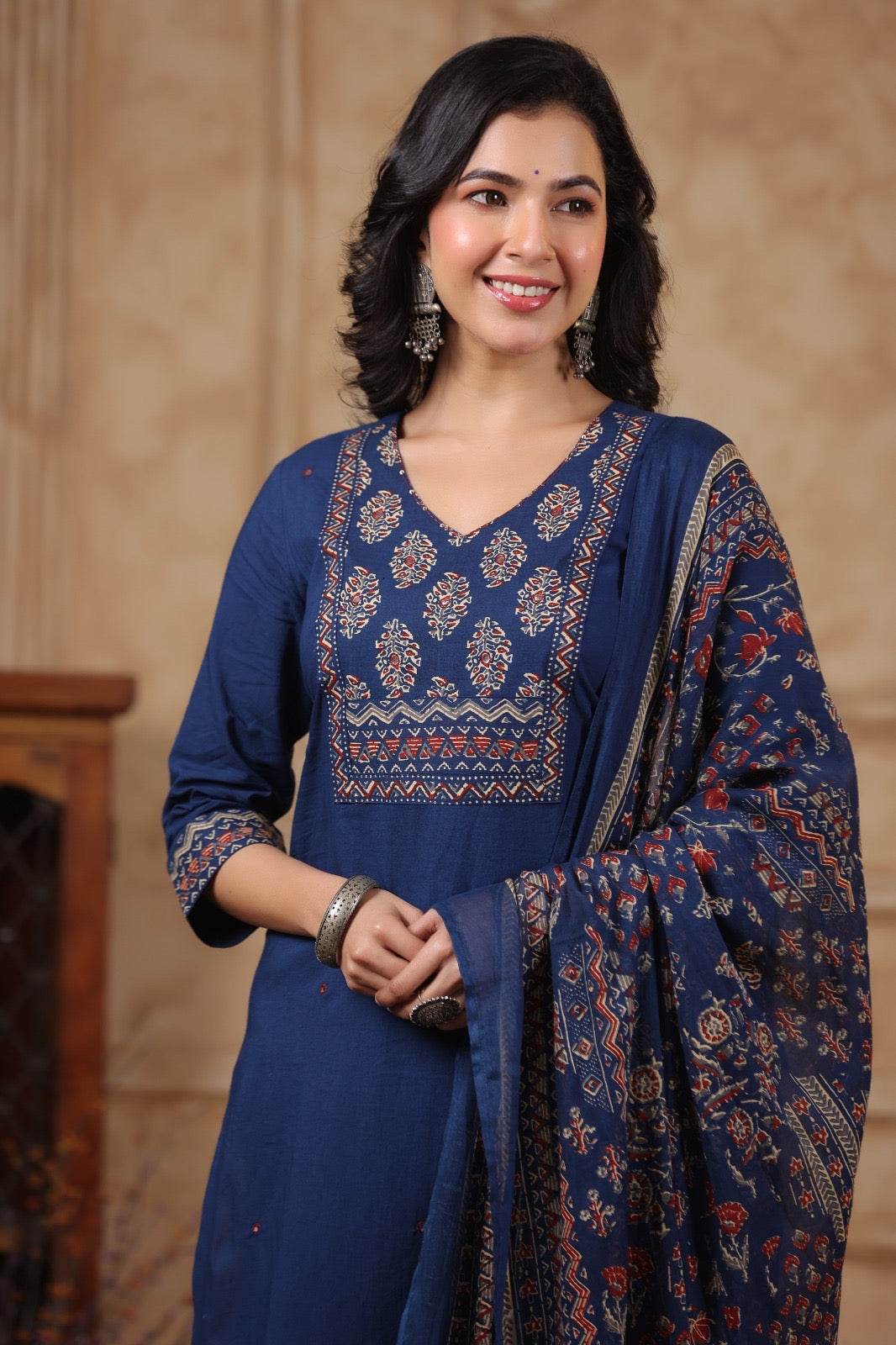 Ajrakh Printed Cotton Suit For Women - Vijay Laxmi