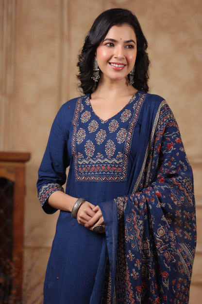 Ajrakh Printed Cotton Suit For Women - Vijay Laxmi