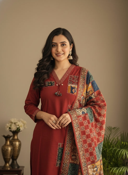 Stylish Ajrakh Patchwork Cotton Suit Set