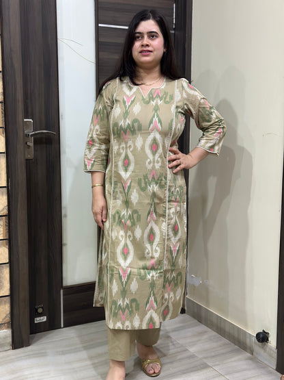 Mehar premium cotton Kurta & Pant Ikkat Beige