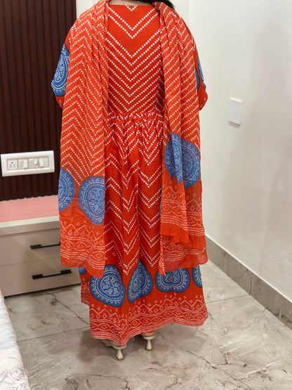 Gulzar Bandhani Anarkali Cotton kurta Set with dupatta Orange