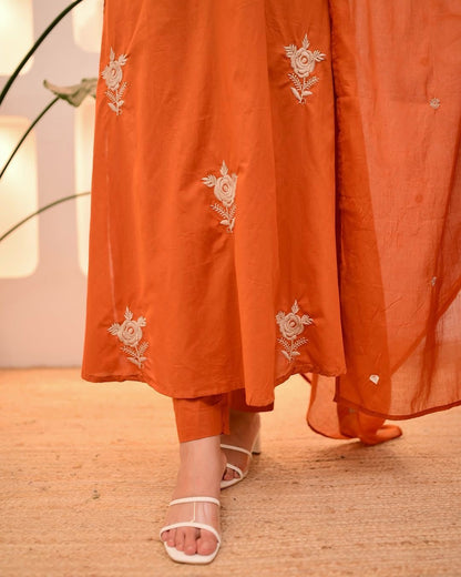 Amayra Cotton Kurta Embroidery Work Kurti Pant And Dupatta - Orange