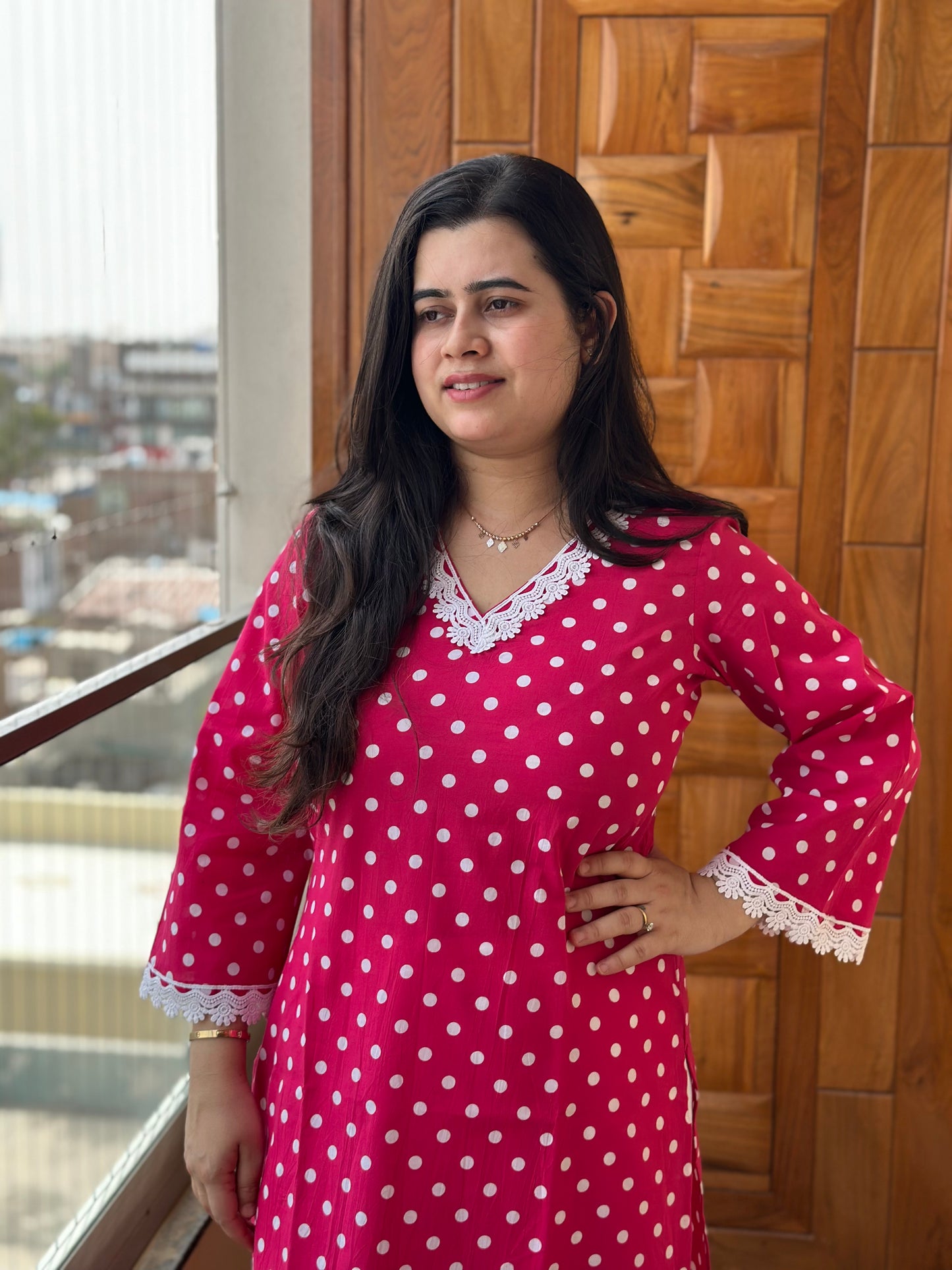 Gulmohar Cotton kurti for women polka dot pink